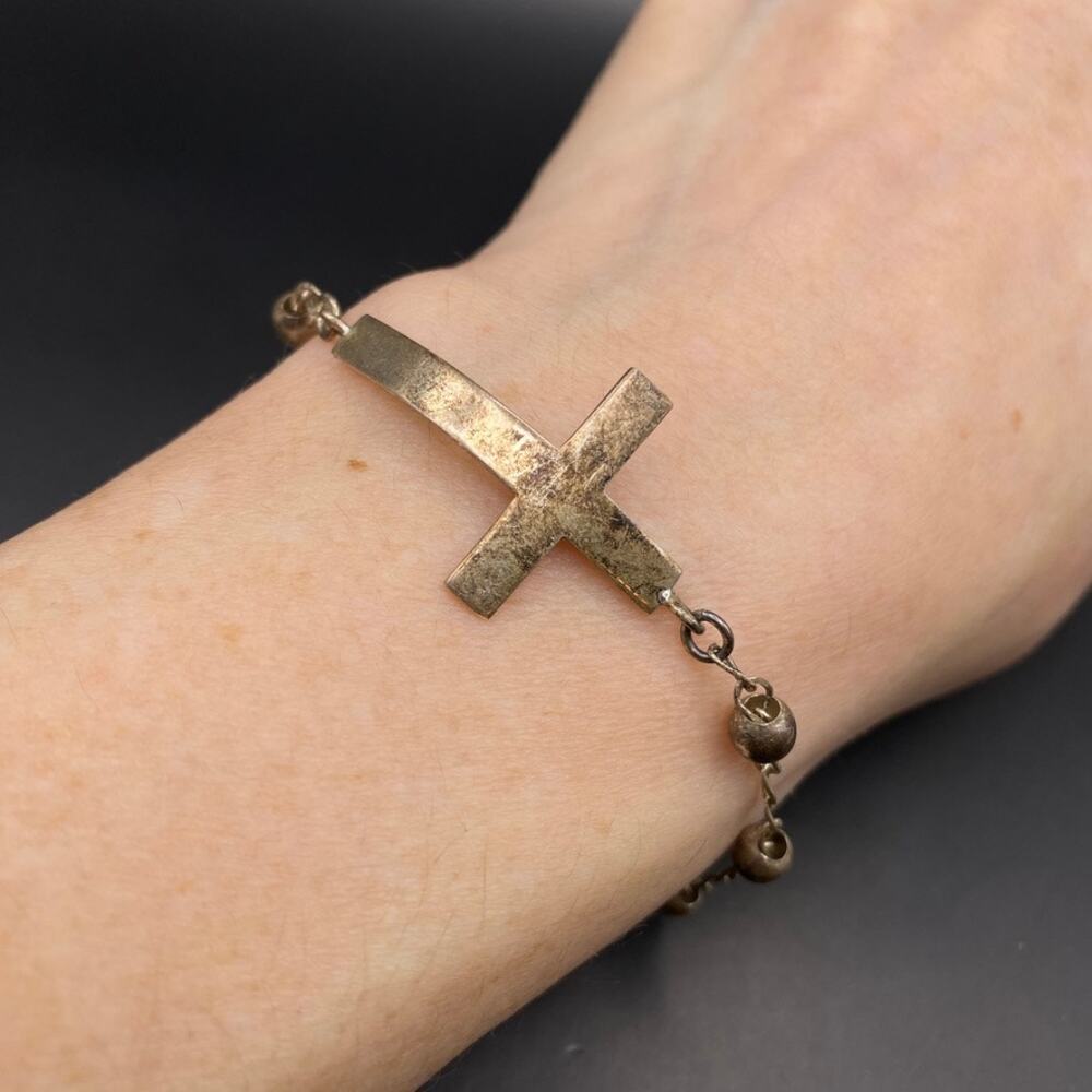 Vintage Mexico 925 Sterling Silver Cross Bracelet With Beads 7 1/4"